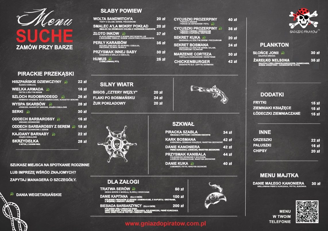 Tablica Menu Suche — dania kuchni Gniazda Piratów